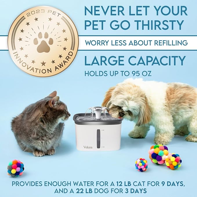 Veken Pet Water Fountain – 95oz/2.8L, Automatic Dispenser with Filters (Grey)