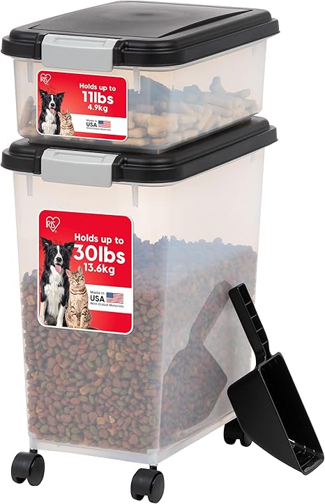 IRIS Pet Food Storage Combo – 30lb + 11lb Airtight Bins (Black)