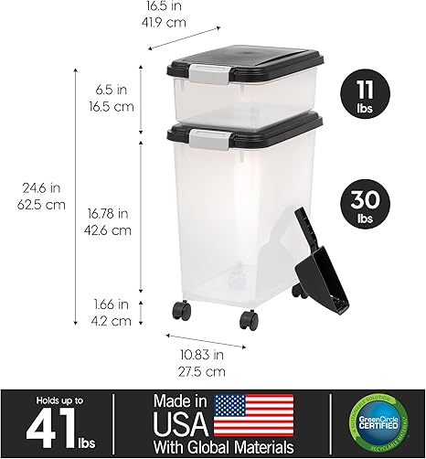 IRIS Pet Food Storage Combo – 30lb + 11lb Airtight Bins (Black)