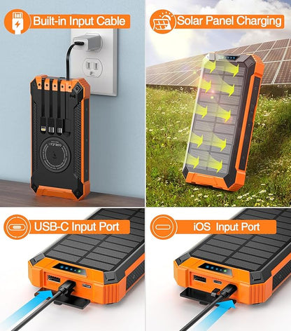 GOODaaa 36000mAh Solar Power Bank – 15W Wireless Charger, 6 Outputs, Dual Flashlights