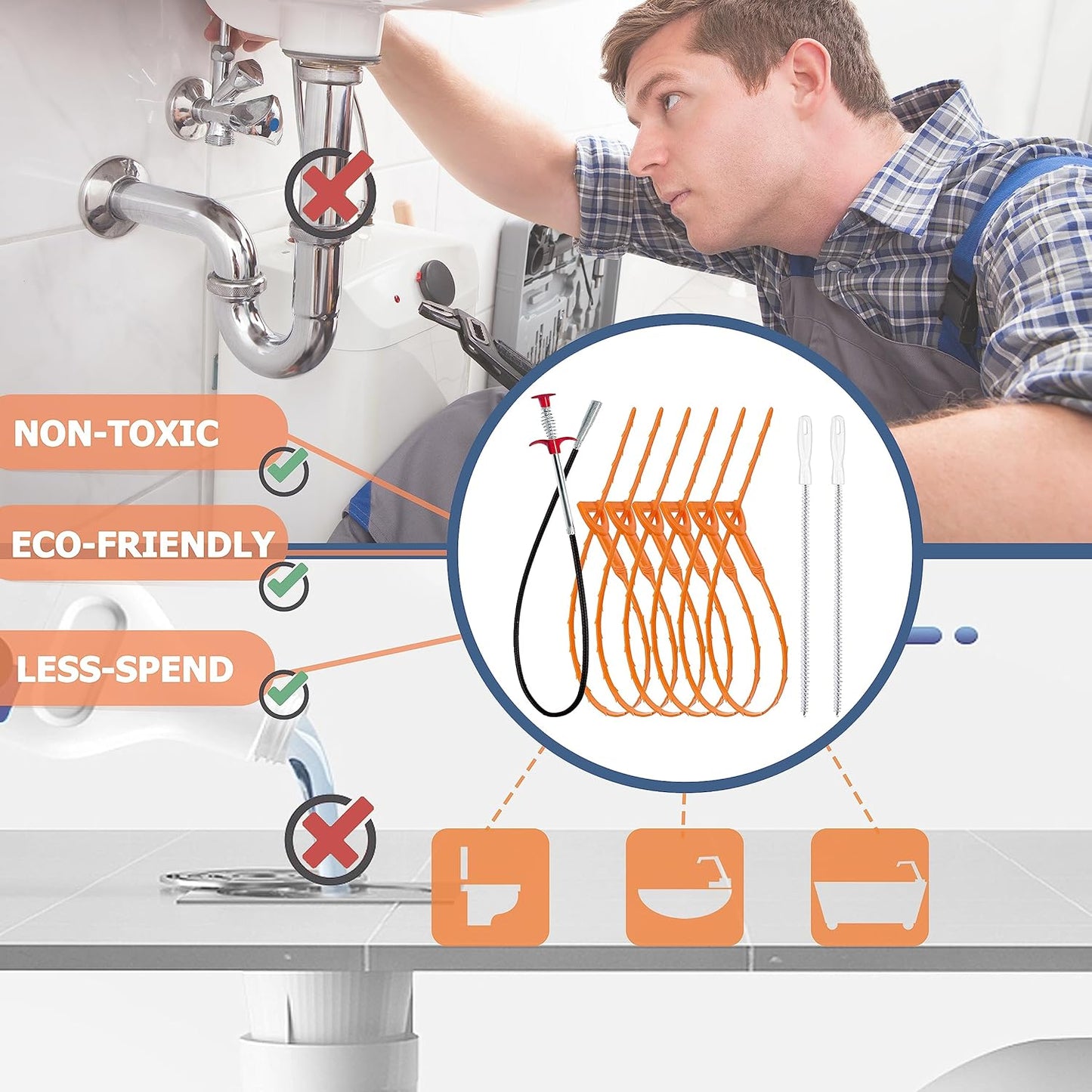 9-Piece Drain Cleaner Tool Set – Clog Remover, Hair Snake & Brush