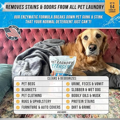 Pet Laundry Detergent – Enzyme Powder, Odor & Stain Remover, 64 Loads