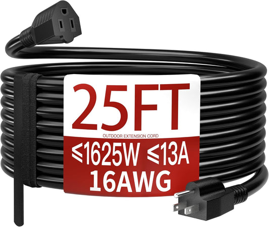 25FT Outdoor Extension Cord – 16/3 SJTW, Waterproof, ETL Listed