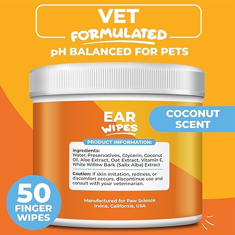 Dog Ear Cleaner Wipes – Finger Wipes for Dogs & Cats – Coconut Formula