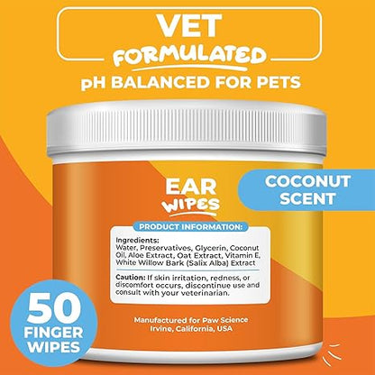 Dog Ear Cleaner Wipes – Finger Wipes for Dogs & Cats – Coconut Formula