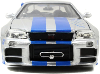 Jada Toys Fast & Furious Brian’s 2002 Nissan Skyline R34 Die-Cast Car – 1:24 Scale, Silver & Blue