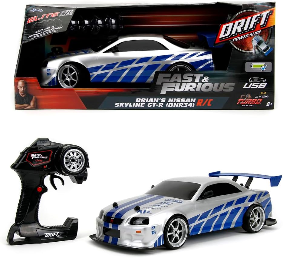 Jada Toys Fast & Furious Brian's Nissan Skyline GT-R Remote Control – 1:10 Scale, Silver/Blue