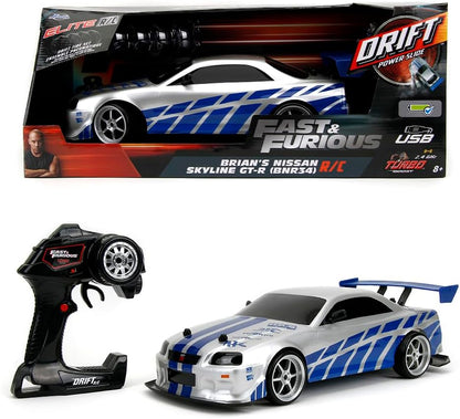 Jada Toys Fast & Furious Brian's Nissan Skyline GT-R Remote Control – 1:10 Scale, Silver/Blue