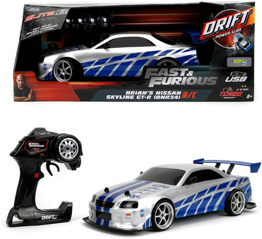 Jada Toys Fast & Furious Brian's Nissan Skyline GT-R Remote Control – 1:10 Scale, Silver/Blue